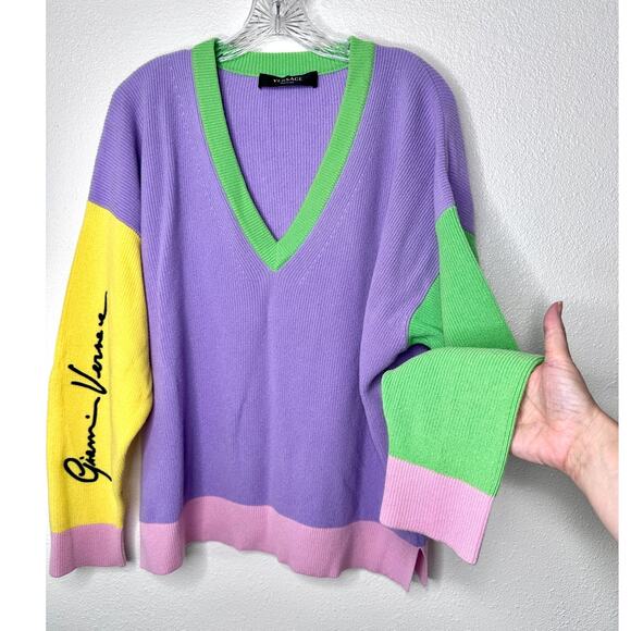 Versace Colorblock Cashmere V-Neck Sweater Purple/Green Women’s S IT38 - Picture 1 of 13